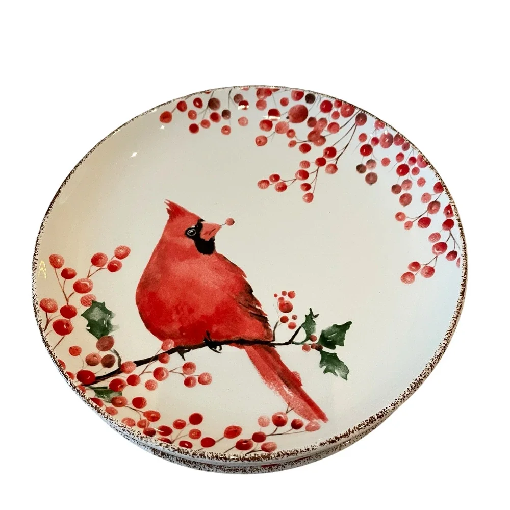 Potter’s Studio Red Cardinal Holly Berries CHRISTMAS Salad Plate Set of 2 NEW